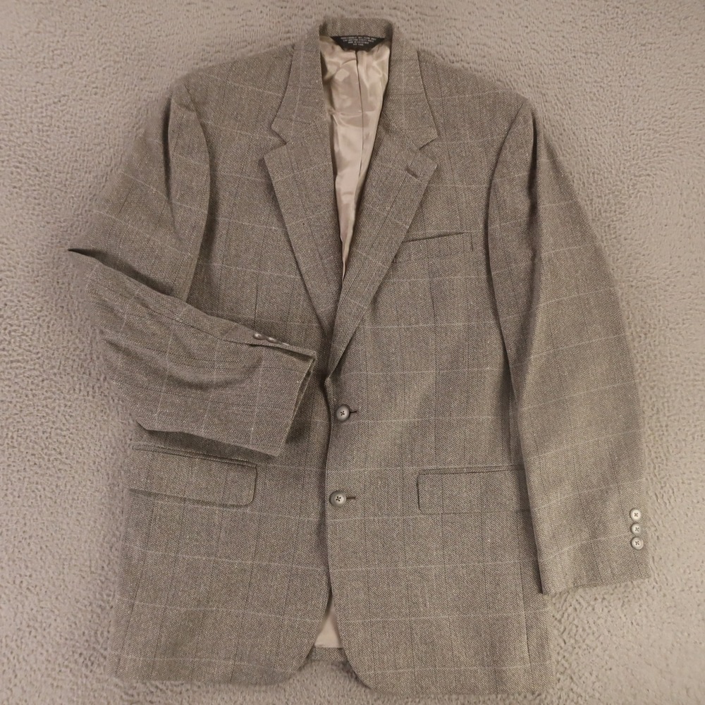 VTG Tweed Jacket M Gray Windowpane‎ Check Herringbone Wool Silk Blend Blazer 40L
